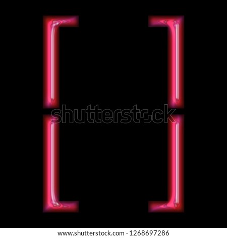 Glowing bright pink shiny glass square brackets in a 3D illustration with a smooth reflective effect with a beveled edge stencil font isolated on a black background