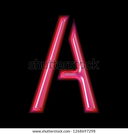 Glowing bright pink shiny glass letter A in a 3D illustration with a smooth reflective effect with a beveled edge stencil font isolated on a black background