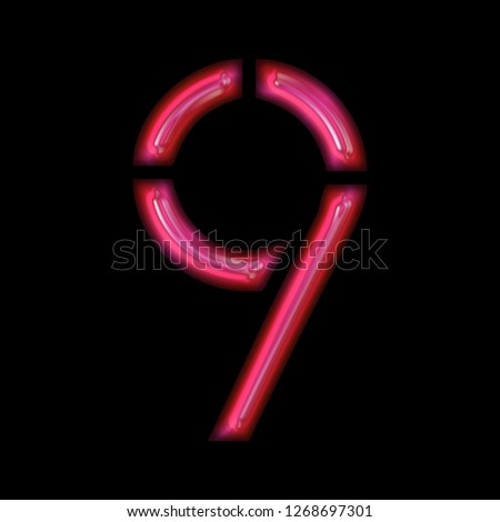 Glowing bright pink shiny glass number nine 9 in a 3D illustration with a smooth reflective effect with a beveled edge stencil font isolated on a black background