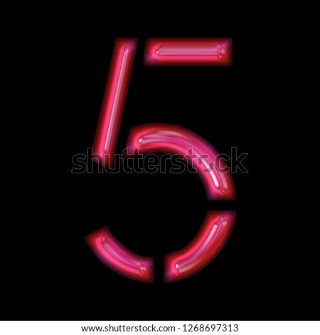 Glowing bright pink shiny glass number five 5 in a 3D illustration with a smooth reflective effect with a beveled edge stencil font isolated on a black background