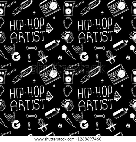 Rap Music. Hip hop doodle pattern with rap attributes