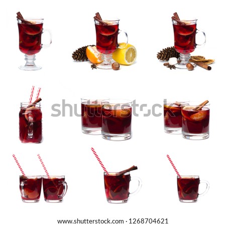 mulled wine with spices isolated on white background. Winter alcoholic cocktail. Christmas drink