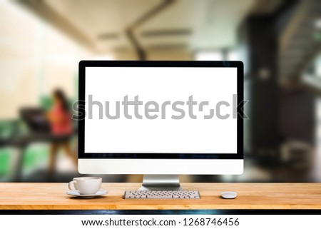 workspace with desktop computer, office supplies, houseplant and coffee cup at office. desk work concept.