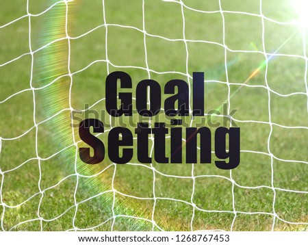 Soccer Goal Net and words GOAL SETTING on Green Grass Background with selective focus and crop fragment. Business and motivation concept