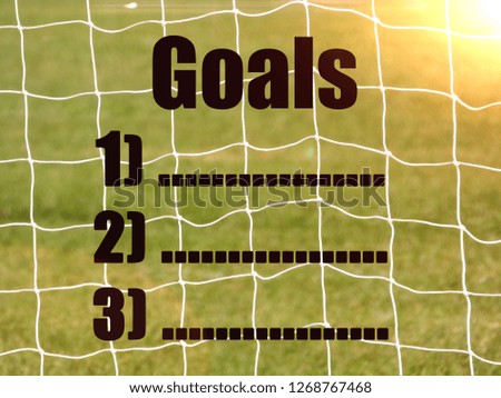 Soccer Goal Net and words GOALS on Green Grass Background with selective focus and crop fragment. Business and motivation concept