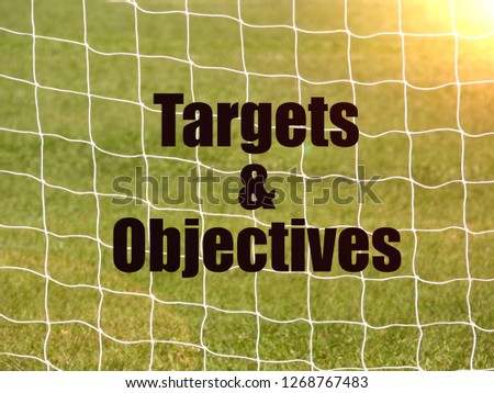 Soccer Goal Net and words TARGET and OBJECTIVES on Green Grass Background with selective focus and crop fragment. Business and motivation concept