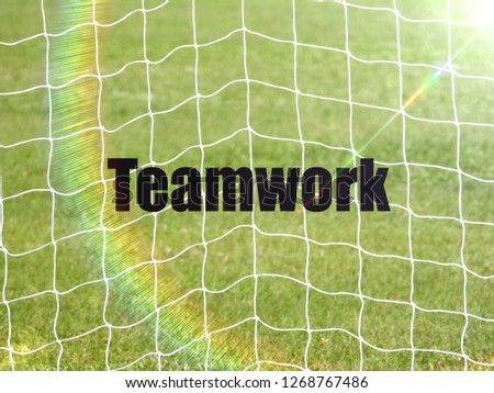 Soccer Goal Net and words TEAMWORK on Green Grass Background with selective focus and crop fragment. Business and motivation concept