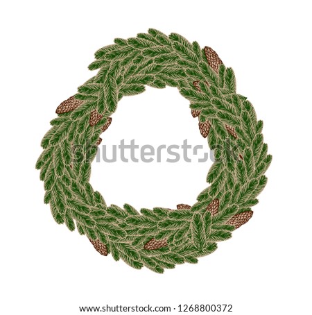 New Year's and Christmas ( Xmas) wreath from branches and cones of pine trees . Round vintage frame made of hand-drawn vector branches and cones of pine tree isolated on white background.