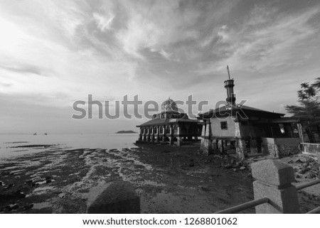 Black and white landscape picture concept of mosque.