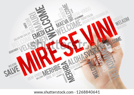 Mire se vini (Welcome in Albanian) word cloud in different languages, conceptual background with marker
