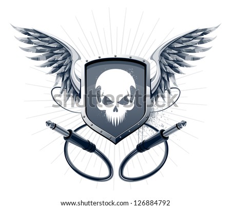 Badge with skull emblem and wires. Vector illustration.