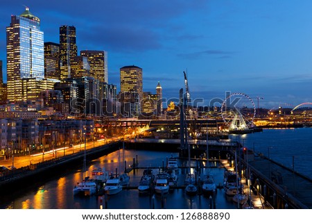 Seattle skyline, waterfront and Great Wheel at twilight, WA