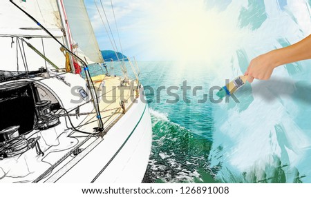 Image of a beautiful yacht in the open sea on a sunny day