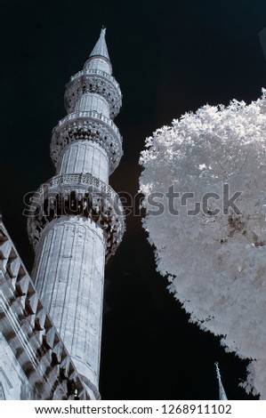 cami camii minaret with snowy tree holy mosque infrared photo