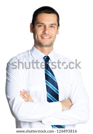 Portrait of young happy smiling business man, isolated over white background
