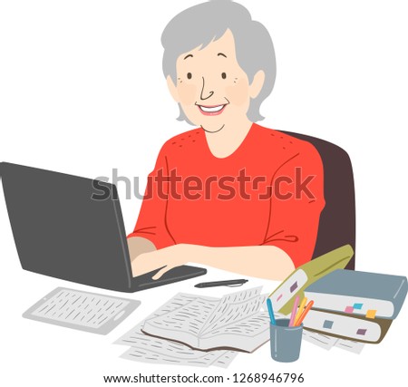 Illustration of a Senior Woman Writer with Open Books Using Laptop
