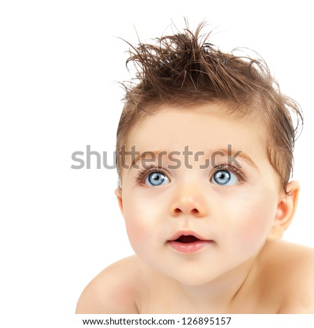 Image of cute baby boy, closeup portrait of adorable child isolated on white background, sweet toddler with blue eyes, healthy childhood, perfect caucasian infant, lovely kid, innocence concept Royalty-Free Stock Photo #126895157