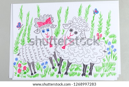 Child doodle of pair of cute sheeps on lawn with green grass and flowers. Kid drawing with colorful felt-tip pens of domestic furry farm animals - scribble picture of livestock.