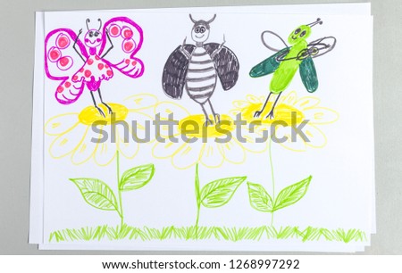 Kid doodle of insects dancing and having fun on flowers - colorful scribble child picture of grasshopper playing violin and butterfly and bug dancing on chamomile on white background.
