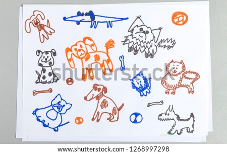 Kid doodle set of cute outline dogs with bones and balls isolated on white background - felt-tip pen line child drawing of different fluffy puppy breeds, funny pets with toys.
