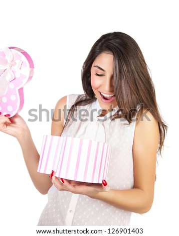 Image of beautiful young lady opened giftbox, cute brunette female excited of gift, beautiful woman holding in hands present and isolated on white background, Valentine day, romantic holiday