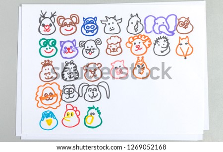 Kid drawings set of different animal and bird heads isolated on white background - child outline scribble of cute animals faces for children website avatars or constructor.