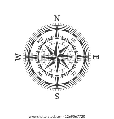 Wind rose vector illustration. Nautical compass icon isolated on white background. Vintage or retro nautical and marine navigation concepts. Design element for marine theme and heraldry. EPS 10.
