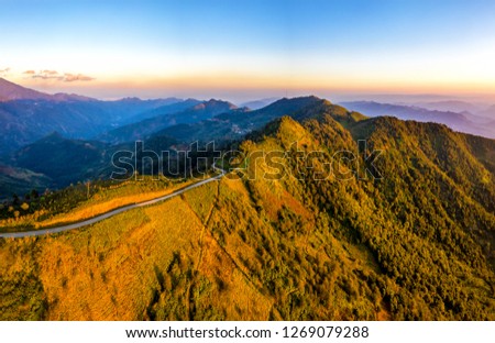 Aerial view of Bac Yen valley from Ta Xua, Beautiful sunset on the mountain.