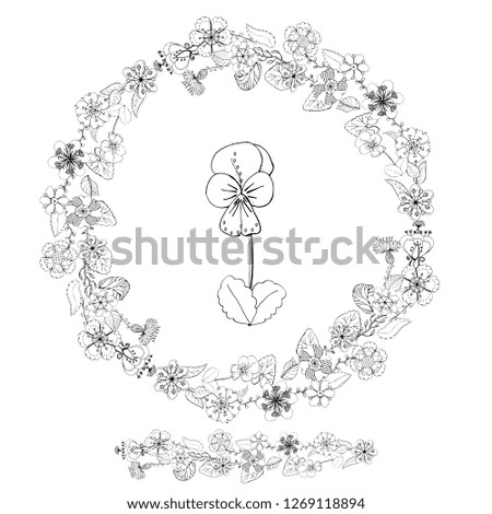round floral monochrome wreath isolated on white background