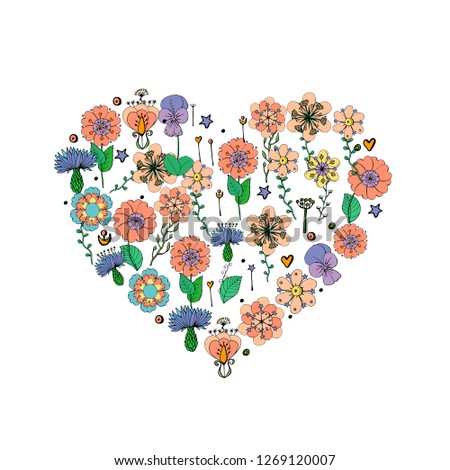Heart made of colorful Flowers and leaves isolated on white background. Set of hand-drawn floral elements.