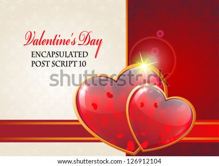 Sparkling Valentine hearts with ribbon on a beige and red background