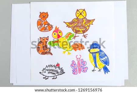 Kid drawings set of different wild animals birds and insects isolated on white background - colorful child scribble of cute beasts.