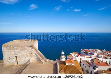 Peniscola Lighthouse and village in Castellon of Mediterranean Spain