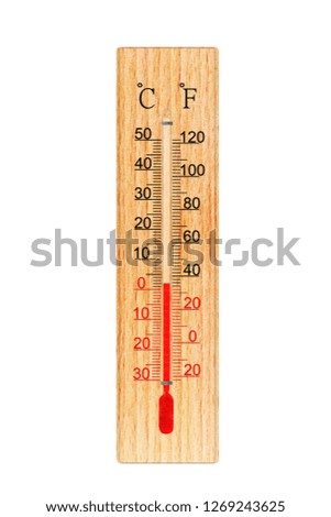 Wooden thermometer isolated on white background. Thermometer shows air temperature plus 2 degrees celsius