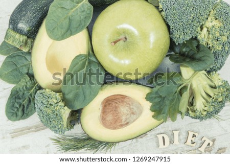Vintage photo, Natural fresh green fruit and vegetables as source vitamins and minerals, concept of healthy nutrition
