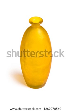 Beautiful and diverse subject. Beautiful and original look and background on an interesting yellow matte translucent oblong long high vase and jug on a white isolated background.