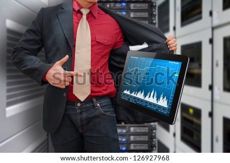 Digital tablet and graph in data center room
