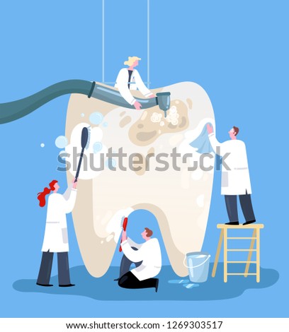 Small doctors who treat giant teeth. Vector illustration flat design. Use in Web Project and Applications. 