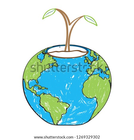 Sketch of a plant on a flower pot with an Earth map. Earth day. Vector illustration design