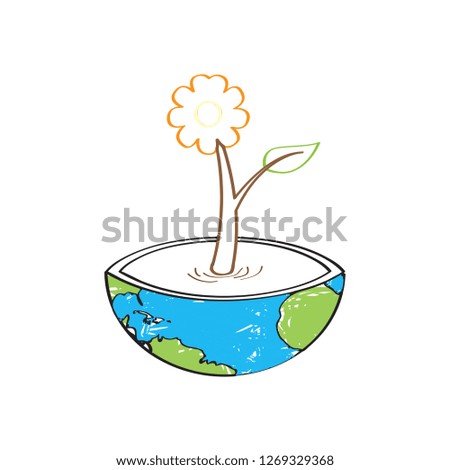 Sketch of a flower on a flower pot with an Earth map. Earth day. Vector illustration design