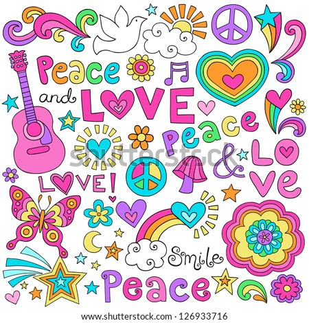 Peace Love and Music Flower Power Groovy Psychedelic Notebook Doodles Set with Butterfly, Flowers, Peace Sign, Acoustic Guitar, and More