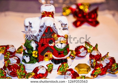 Small red house decoration ,christmas card , candies
