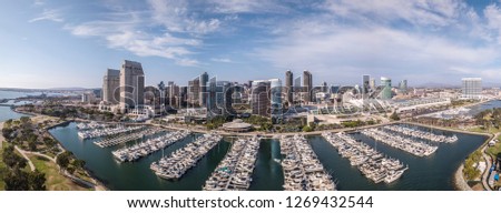 Aerial Panorama of San Diego marina with parked yachts