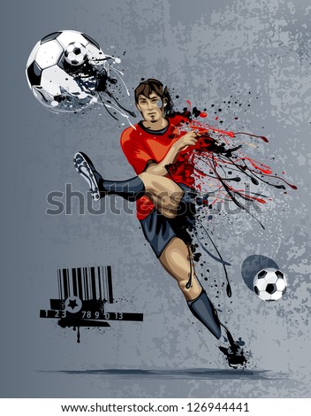 Abstract image of soccer player kicking ball with liquid effect. Graffiti style with dirty grunge elements.