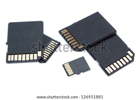 Group of different memory card storage. On a white background.