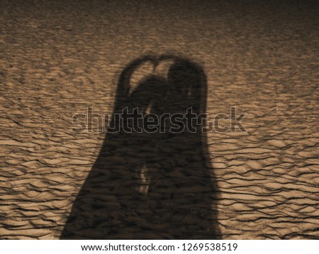 
The shadow of the couple reflects on the beach.