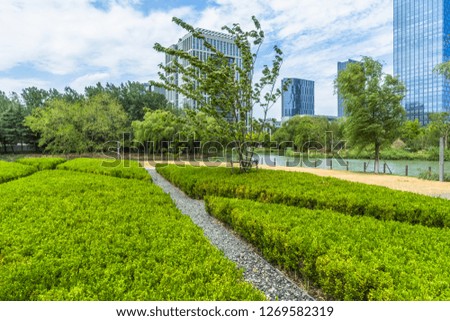 beautiful green field near modern office building
