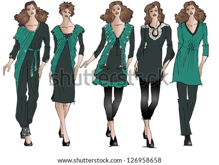 Woman's green evening dress collection with model
