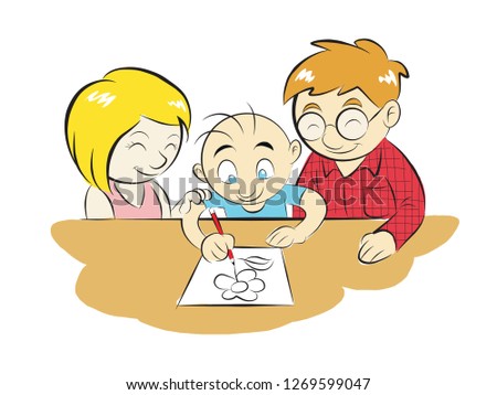 parents seeing son drawing flower vector illustration isolated cartoon