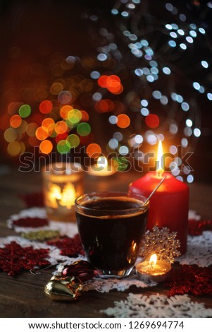 cup of coffee, close-up, romantic cozy home evening